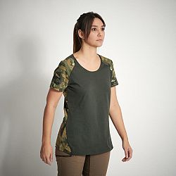 SOLOGNAC Dámske poľovnícke bavlnené tričko 300 s krátkym rukávom zelené maskovanie khaki L